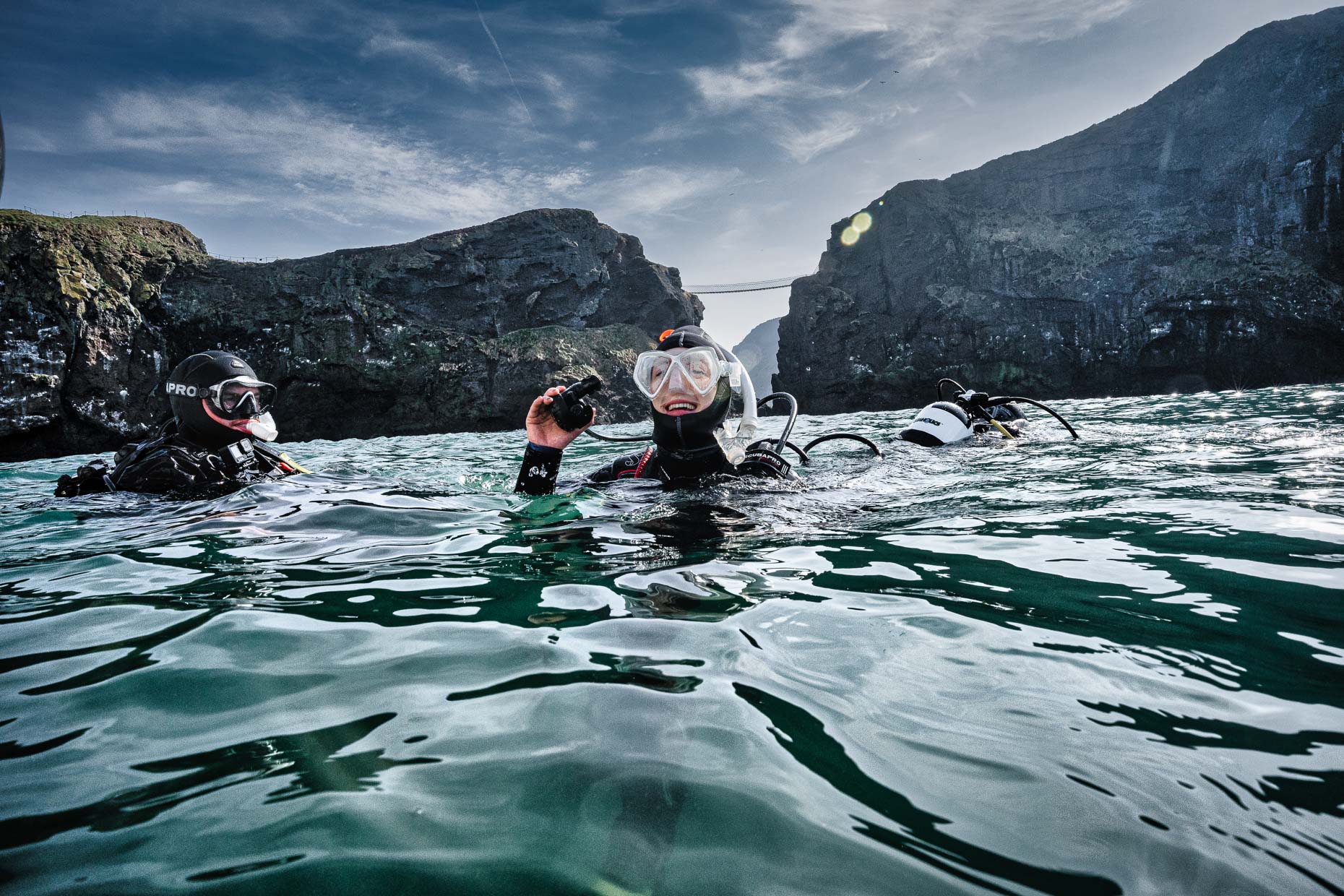 Scuba diving under the shadow of Carrick a rede rope bridge, Northern Ireland